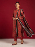 A red patterned 3-Piece Printed Unstitched Suit featuring delicate floral motifs in red patterned