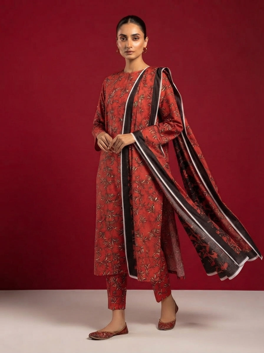 A red patterned 3-Piece Printed Unstitched Suit featuring delicate floral motifs in red patterned