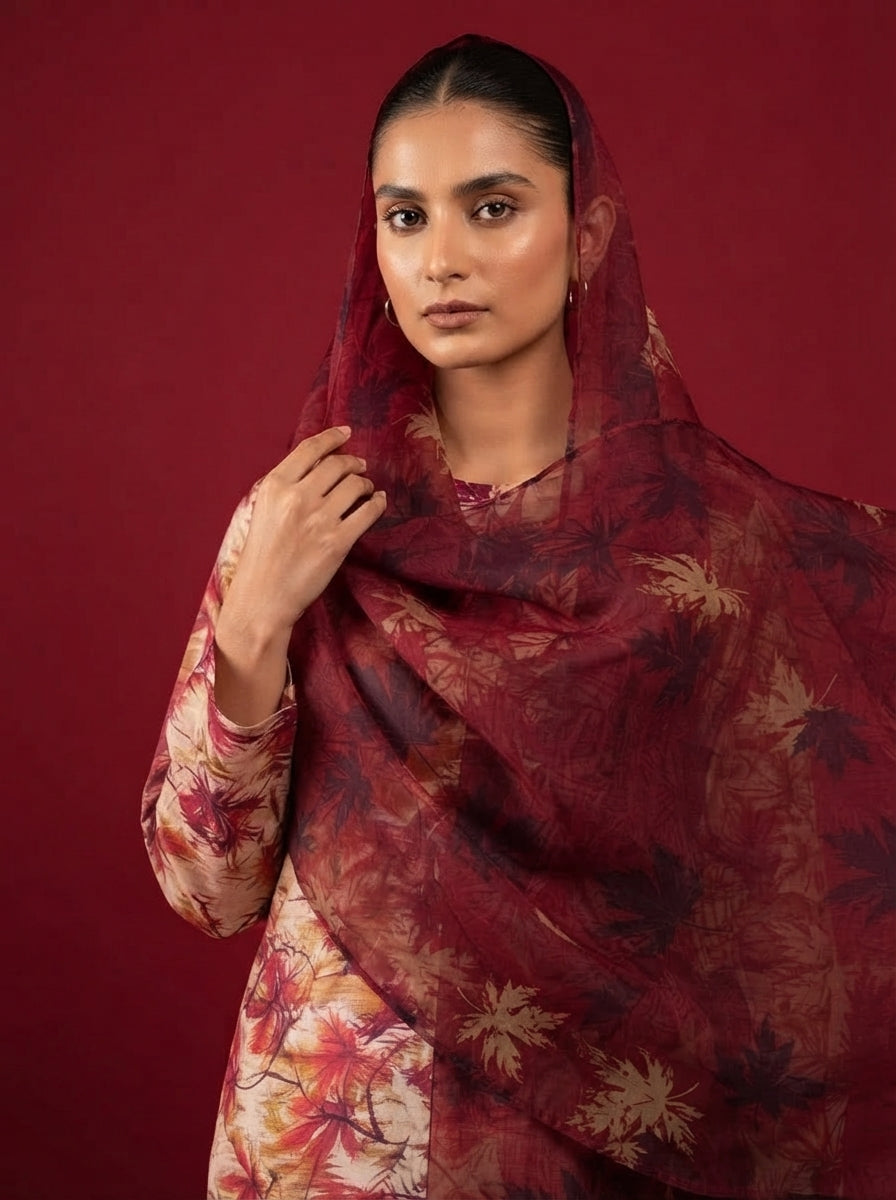 A rich red 3-Piece Printed Unstitched Suit featuring delicate floral motifs in red