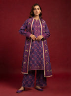 A rich plum 3-Piece Printed Unstitched Suit featuring delicate floral motifs in pink