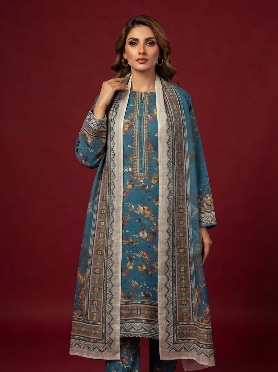 A rich cerulean blue 3-Piece Printed Unstitched Suit featuring delicate floral motifs in blue,