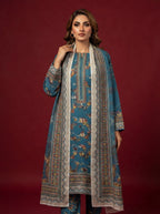 A rich cerulean blue 3-Piece Printed Unstitched Suit featuring delicate floral motifs in blue,